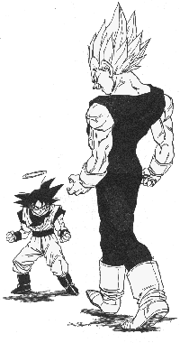 [Image: Posessed Vegeta walking towards Gokuu]